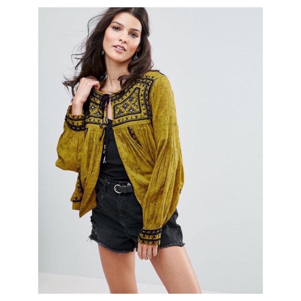 Free People Mustard and Black Embroidered Top